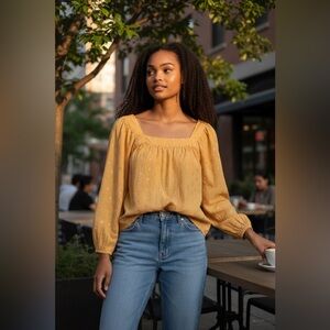 LC Lauren Conrad Mustard Swiss Dot Blouse | Romantic Square Neck Top | Size M